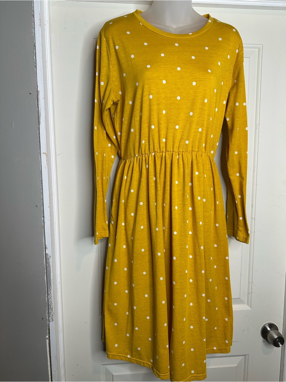 Mustard Polka Dot Midi Long Sleeve Dress